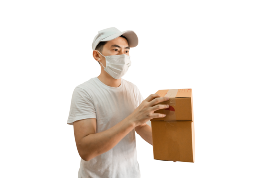 Young Asian delivery man wearing cap and white blank t-shirt holding parcel post box on transparent background - PNG format.