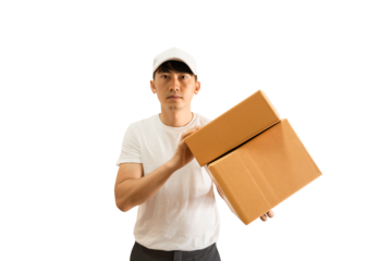 Young Asian delivery man wearing cap and white blank t-shirt holding parcel post box on transparent background - PNG format.