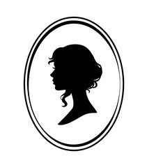 Vector black silhouette of a beautiful woman's head in a round frame on white background - obrazy, fototapety, plakaty