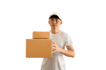 Young Asian delivery man wearing cap and white blank t-shirt holding parcel post box on transparent background - PNG format.