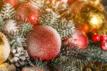 Obraz na płótnie Canvas merry christmas, cute festive decoration close up, beautiful toys for new year.Glass Christmas balls for the Christmas market.