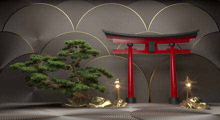 torii gates red and bonsai tree on a brown background. 3d rendering
