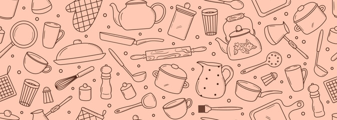 Seamless vector banner with outline kitchen tools doodles. Background with hand drawn silhouettes of vintage kitchenware. Tableware items pattern