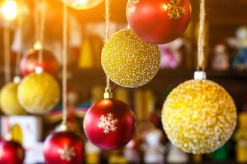 merry christmas, cute festive decoration close up, beautiful toys for new year.Glass Christmas balls for the Christmas market.
