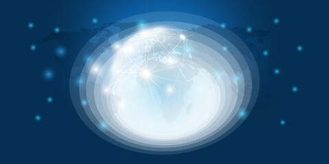 Abstract Blue Cloud Computing, Networks, Futuristic Telecommunications Concept, 3D Design with Glowing Whirling Lines of Flowing Data Between Nodes on Dark World Map Background - Vector Illustration