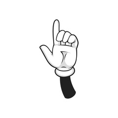 Hand in glove gesture with raised index finger up isolated cartoon glove with pointing arm palm. Vector forefinger pointer calling to look here above or on top, nonverbal communication sign
