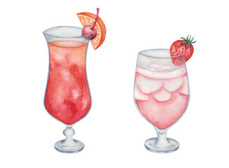Watercolor illustration of hand painted orange, pink cocktails. Glasses with slice of orange fruit, cherry berry, strawberry. Sex on the beach, rum-runner. Isolated clip art of alcohol beverage drinks