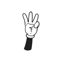 Comic hand with fingers gesture, cartoon arm showing three fingers up isolated count numbers nonverbal gesture. Vector three fingers raised up, counting down sign, signal to start, math education