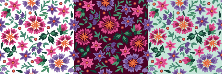 Fototapeta na wymiar Set of seamless patterns with stylized ukrainian folk floral elements on colored background. Ethnic ornament based on embroidery tradition. Can be used for decoration, surface and paper print design