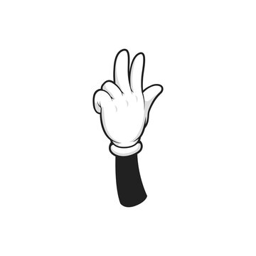 Cartoon hand in glove showing three fingers up sign isolated nonverbal gesture. Vector peace winners symbol, two fingers raised up. Count down sign, signal, counting man woman arm in glove, numbers