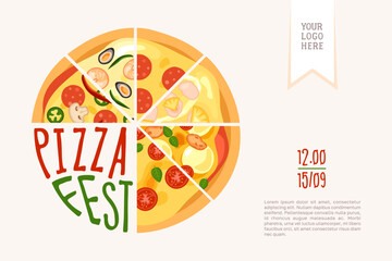 Pizza fest banner template. Modern illustration of pizza with different flavors for invitation to pizza festival