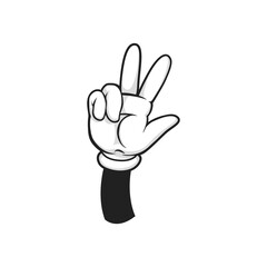 Hand in glove showing three fingers up isolated cartoon body language gesture. Vector human arm in glove, number 3 symbol. Mathematics education, raised three fingers, social media emoticon
