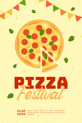 Pizza Festival Flyer Template. Pizza fest poster. Illustration of pepperoni pizza