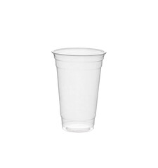 Disposable clear plastic cup standing in isolated environment
