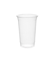 Disposable clear plastic cup standing in isolated environment