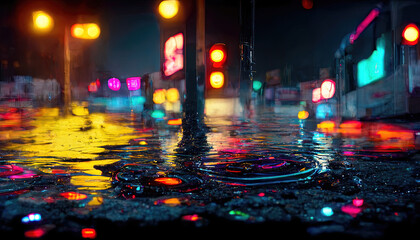 Empty night street scene. Night rain, puddles on the pavement, the reflection of city neon lights in the water. Blurred bokeh background. Wet asphalt. Neon colorful light. 3D illustration.