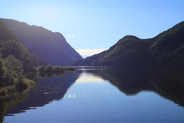 View in the morning at the Telemark Canal (Telemarkskanalen), the lake Bandak, Dalen - South Norway