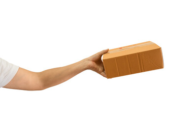 Delivery man hand holding parcel cardboard box on transparent background - PNG format.