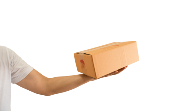 Delivery man hand holding parcel cardboard box on transparent background - PNG format.