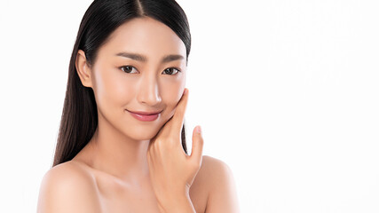 Beautiful young asian woman with clean fresh skin on white background, Face care, Facial treatment, Cosmetology, beauty and spa, Asian women portrait.