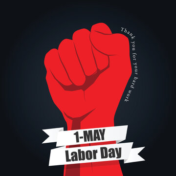 International Labour Day Vector Poster. Happy Labour Day. 1st May with red hand on black background. Thank you for your hard work.