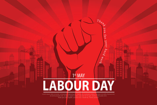 International Labour Day Vector Poster. Happy Labour Day. 1st May with red hand on red background. Thank you for your hard work.