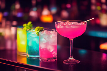 The colorful cocktails on the bar counter, 3D rendering.