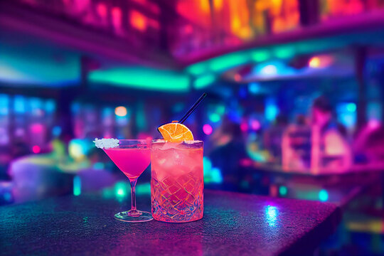 The colorful cocktails on the bar counter, 3D rendering.