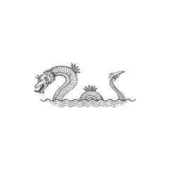 Sea serpent dragon bakunawa isolated water beast sketch icon. Vector mythological dragon in sea or ocean water waves, underworld mythical creature. Fairytale underwater animal, vintage giant dragon - obrazy, fototapety, plakaty