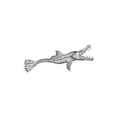 Cetus huge sea creature or sea monster isolated giant fish with jaws monochrome sketch icon. Vector sea serpent, leviathan animal ancient underwater beast. Marine giant fantasy fish living on depth © Vector Tradition