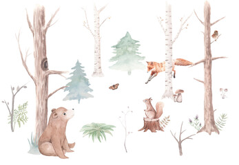 Watercolor Forest Animals Scene, Mushrooms, Pattern, Fox, Bear, Squirrel, Sparrow, Butterfly, Rabbit, Christmas Trees, Nursery Decor Plants, Wall Stickers, Wallpaper, Wall Art, Fabric, Digital Paper  © Olga Batkilina