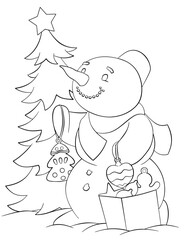 Snowman. Element for coloring page. Cartoon style.