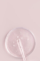 glass pipette serum gel in petri dish on a beige background