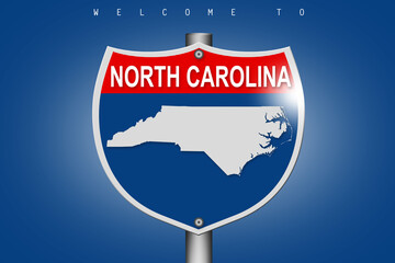 North Carolina on highway road sign over blue background