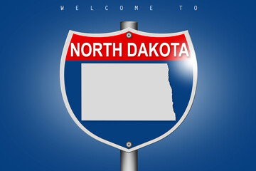 North Dakota on highway road sign over blue background