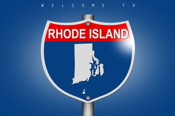 Rhode Island on highway road sign over blue background