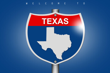 Texas map on highway road sign over blue background