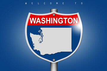 Washington on highway road sign over blue background