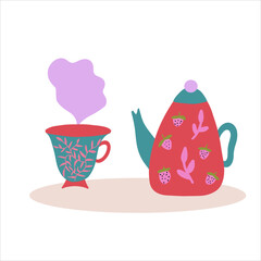 Cute tea pot with a tea cup. Bright cheerful colors. Flat vector illustration for tea lovers. 