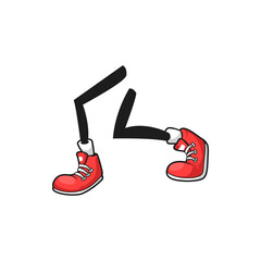 Pair of comic foots in red shoes, rubber trainers isolated cartoon style dancing legs. Vector urban style feet, run and gym symbol. Funny legs of athletic character, sneakers with white laces and sole