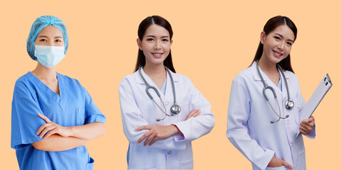 A smiling Asian female doctor, surgeon, puts a stethoscope on her shoulder. wearing a white robe holding a note board Professional healthcare professionals working in hospitals or medical clinics. med