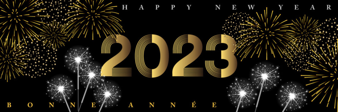 2023 - Bannière pour fêter le nouvel an dans une ambiance de fêtes nocturnes avec des feux d’artifices et des cierges magiques - Texte Français, anglais, traduction : bonne année.