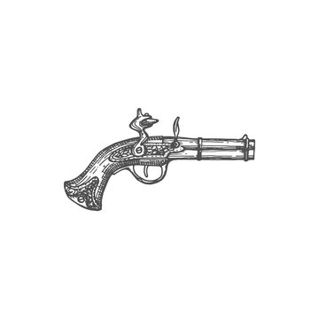 Musket gun weapon of pirates isolated monochrome sketch icon. Vector ancient shotgun rifle with gunpowder and coupler trigger, medieval firearm antique shotgun, firelock rifle, gunnery arsenal