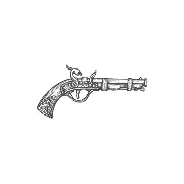 Medieval firearm antique shotgun isolated firelock rifle, gunnery arsenal object monochrome sketch icon. Vector musket duel gun weapon of pirates and cowboys, ancient shotgun rifle with trigger