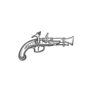 Retro musket duel gun weapon of pirates and cowboys isolated monochrome sketch icon. Vector ancient shotgun rifle with trigger, firearm antique shotgun firelock rifle, gunnery arsenal object