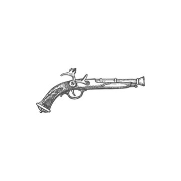 Revolver retro gun of pirate, cowboy or duel soldier isolated monochrome sketch icon. Vector firelock musket of marine armoury, steampunk or flintlock pistol, old-fashioned fired by spark from flint