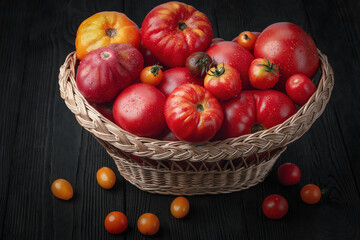 Tomatoes in a basket on a wooden rustic table. Focus concept