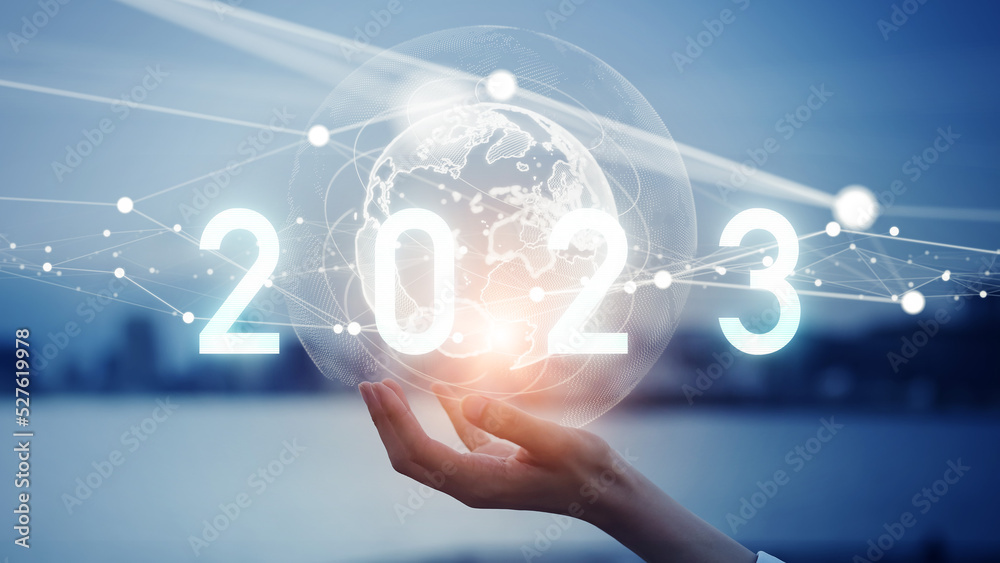 Aufkleber global network. 2023 new year concept. new year's card.
