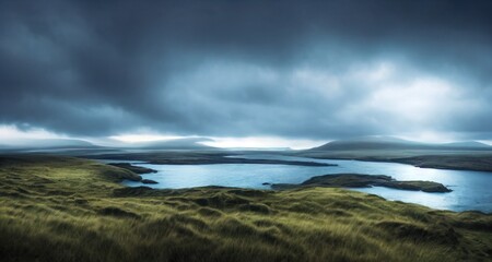 Endless fields of emerald grass against a gloomy stormy sky. Harsh and beautiful Irish landscape. Natural wallpaper. Impressive scene.