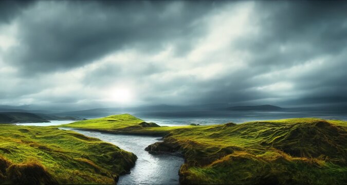 Endless fields of emerald grass against a gloomy stormy sky. Harsh and beautiful Irish landscape. Natural wallpaper. Impressive scene.